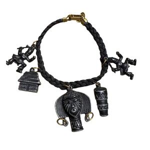 Vintage African Tribal Mask Charm Bracelet Braided Cord Black Pewter Tone Ethnic